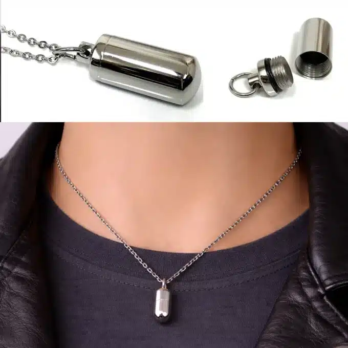 N2472 Pendentif Pilulier Acier Inoxydable Argenté - Collier Homme Artisanal - Bijoux Colliers hommes en ligne Ninanina