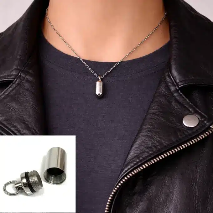 N2472c Pendentif Pilulier Acier Inoxydable Argenté - Collier Homme Artisanal - Bijoux Colliers hommes en ligne Ninanina