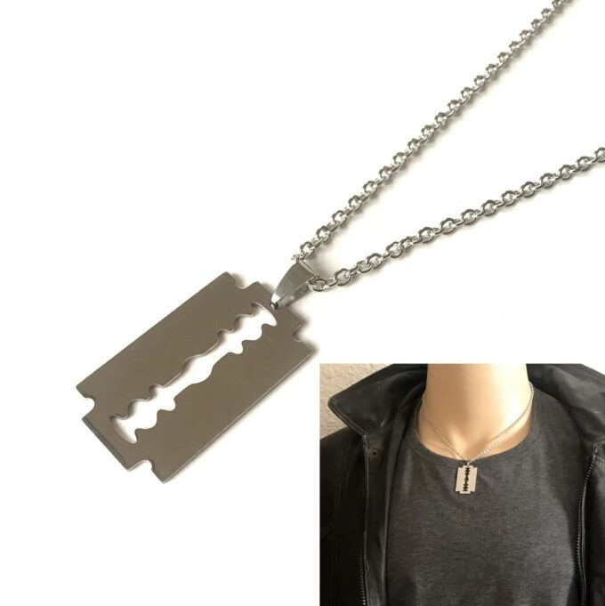 N2480a Collier homme lame de rasoir pendentif Acier argenté - Bijoux Colliers en ligne Ninanina