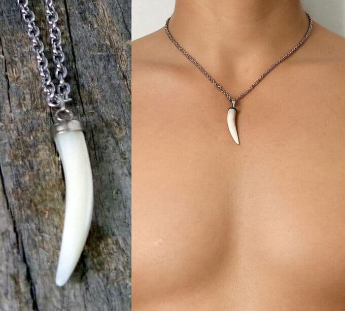 N2483 Collier artisanal homme avec pendentif dent de tigre en nacre blanche et chaine acier inoxydable argenté - Bijoux Colliers ethniques en ligne Ninanina