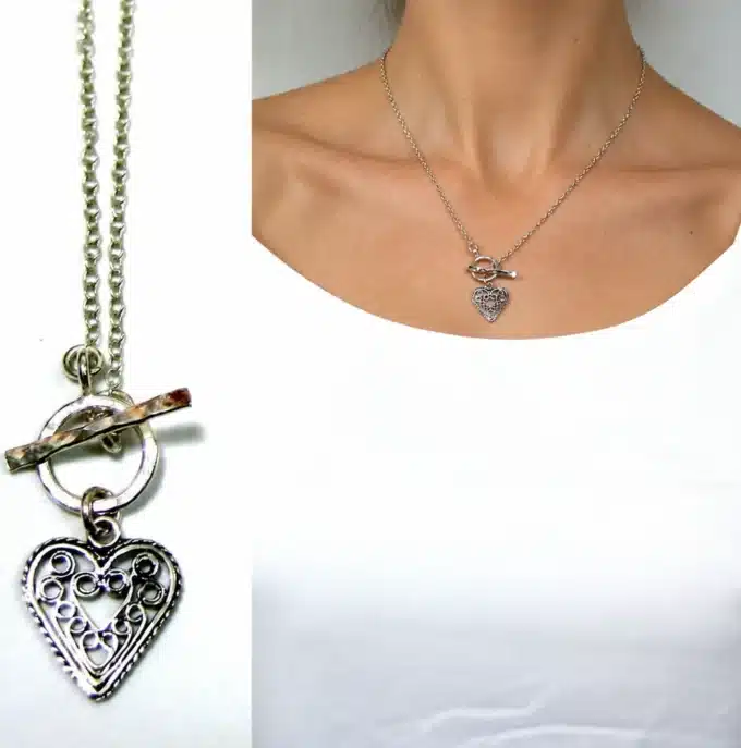 N2498 Collier Chaine coeur Argent 925 massif martelé - Bijoux colliers femmes en ligne Ninanina