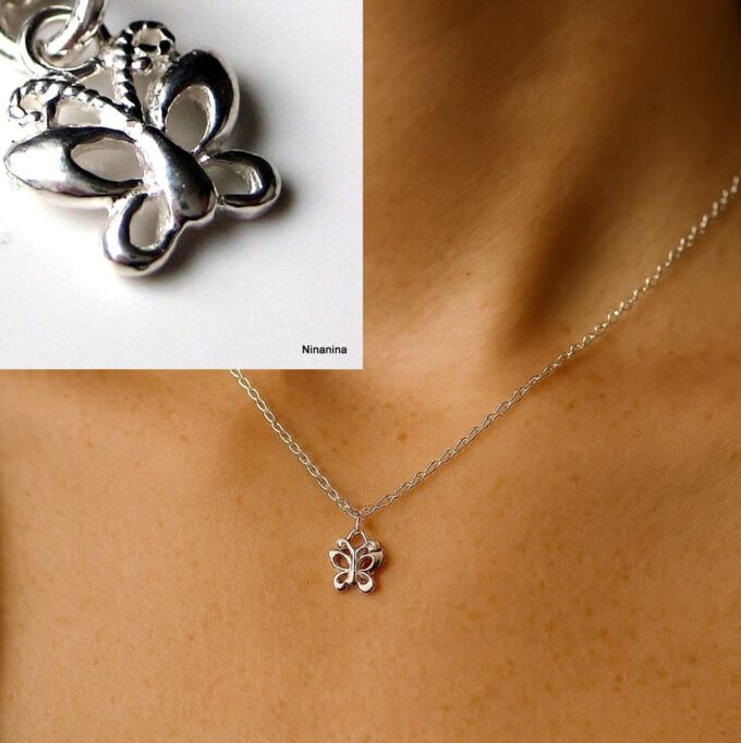 N2499b Collier papillon petit pendentif Argent 925 massif sur fine chaine - Bijoux Colliers fins en ligne Ninanina