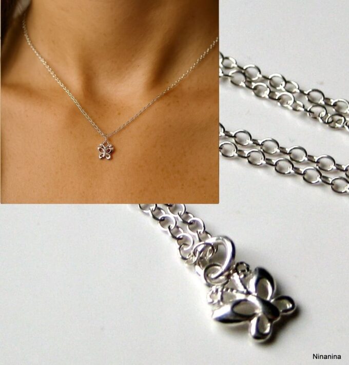 N2499c Collier papillon petit pendentif Argent 925 massif sur fine chaine - Bijoux Colliers fins en ligne Ninanina