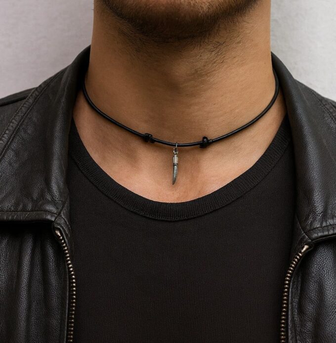 N2503 Collier cordon cuir homme réglable pendentif corne argentée artisanal - Bijoux Colliers hommes en ligne Ninanina