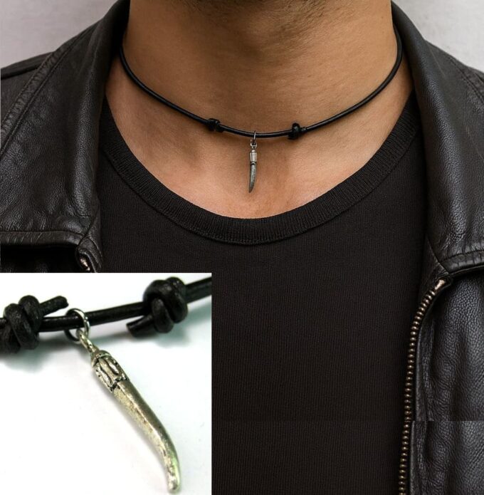N2503b Collier cordon cuir homme réglable pendentif corne argentée artisanal - Bijoux Colliers hommes en ligne Ninanina