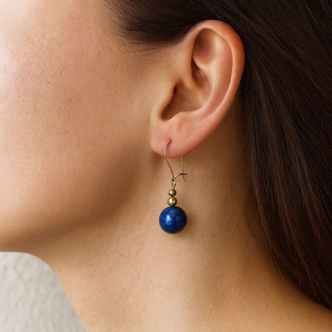 N2520 Boucles d Oreilles Dormeuses Lapis Lazuli Bleu et Plaqué Or Gold Filled Artisanales - Bijoux d'oreille en ligne Ninanina