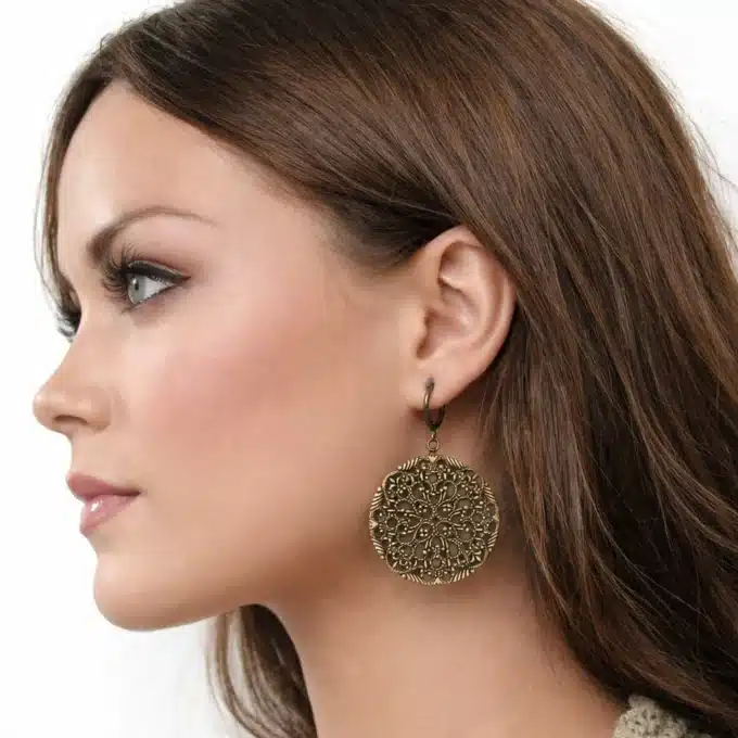 N2546 Boucles D'Oreilles Bronze Artisanales - Pendentif Rond Filigrané Vintage Pour Femme - Bijoux Boucles d'oreille femmes en ligne Ninanina