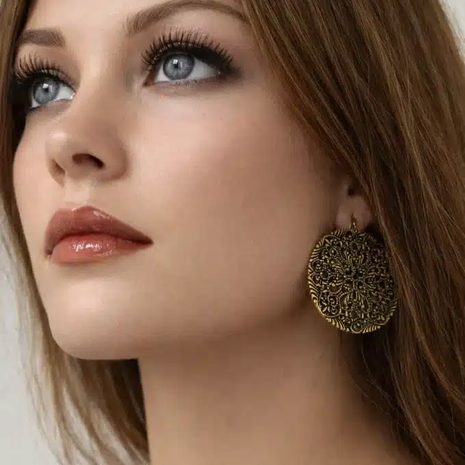 N2546a Boucles D'Oreilles Bronze Artisanales - Pendentif Rond Filigrané Vintage Pour Femme - Bijoux Boucles d'oreille femmes en ligne Ninanina