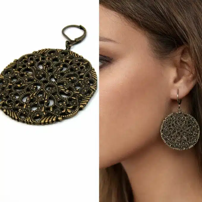 N2546c Boucles D'Oreilles Bronze Artisanales - Pendentif Rond Filigrané Vintage Pour Femme - Bijoux Boucles d'oreille femmes en ligne Ninanina