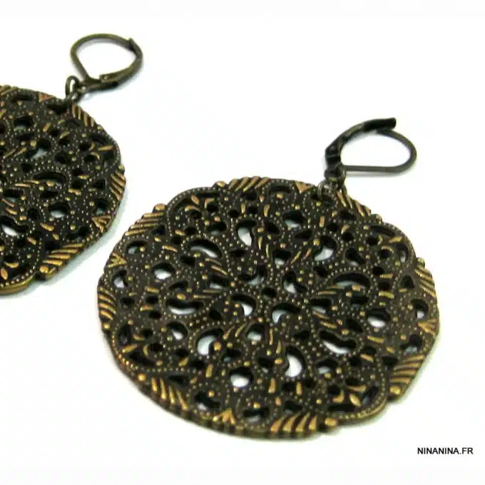 N2546d Boucles D'Oreilles Bronze Artisanales - Pendentif Rond Filigrané Vintage Pour Femme - Bijoux Boucles d'oreille femmes en ligne Ninanina