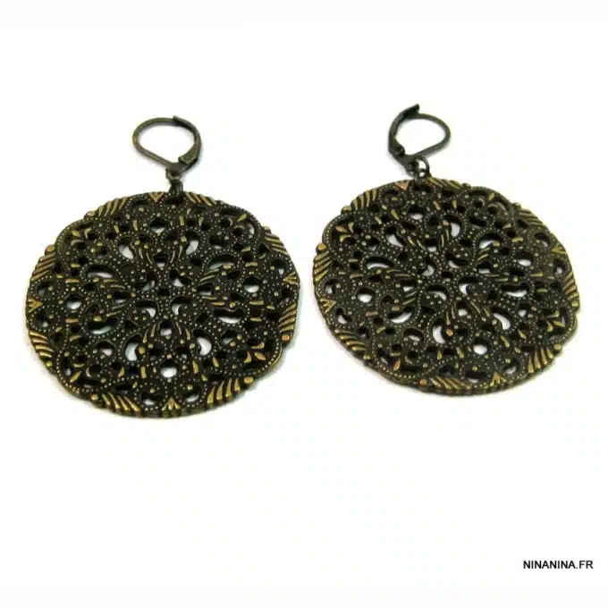N2546e Boucles D'Oreilles Bronze Artisanales - Pendentif Rond Filigrané Vintage Pour Femme - Bijoux Boucles d'oreille femmes en ligne Ninanina