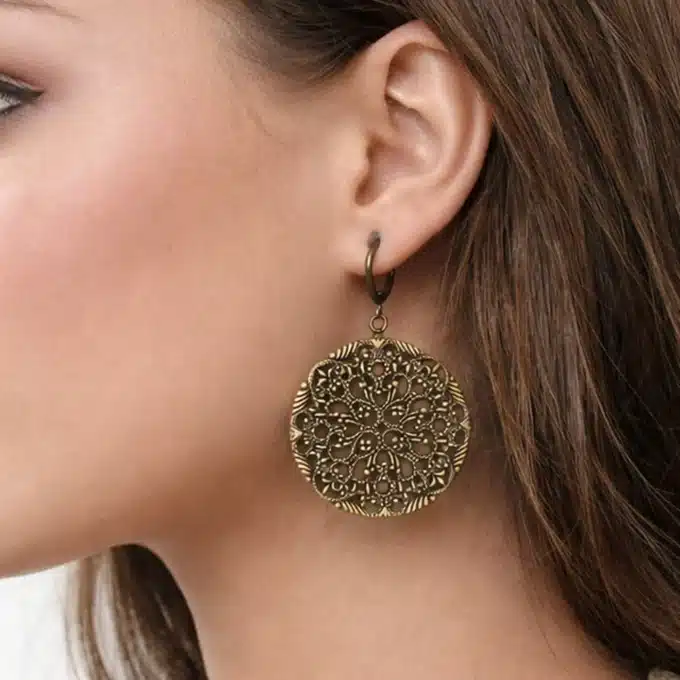 N2546g Boucles D'Oreilles Bronze Artisanales - Pendentif Rond Filigrané Vintage Pour Femme - Bijoux Boucles d'oreille femmes en ligne Ninanina