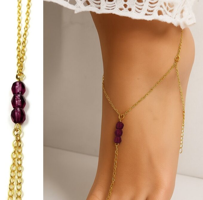 N2549c Bracelet de pied Swarovski doré - Chaine de pieds artisanale plaqué or cristal mauve ou bleu turquoise - Bijoux de pieds en ligne Ninanina