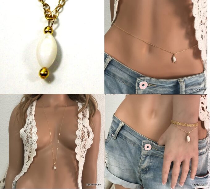N2554 Chaine de taille Or Plaqué et pendentif goutte nacre - Bijoux de corps en ligne Ninanina