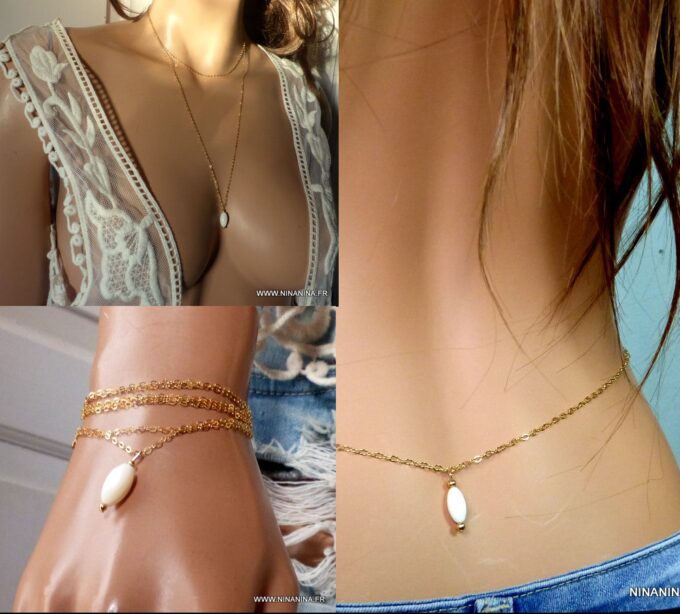 N2554c Chaine de taille Or Plaqué et pendentif goutte nacre - Bijoux Chaines en ligne Ninnaina