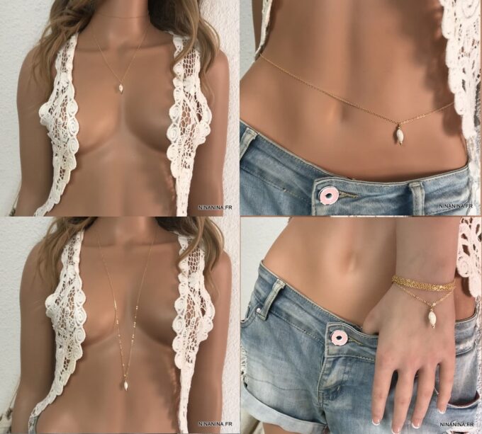 N2554c Chaine de taille Or Plaqué et pendentif goutte nacre - Bijoux de corps en ligne Ninanina