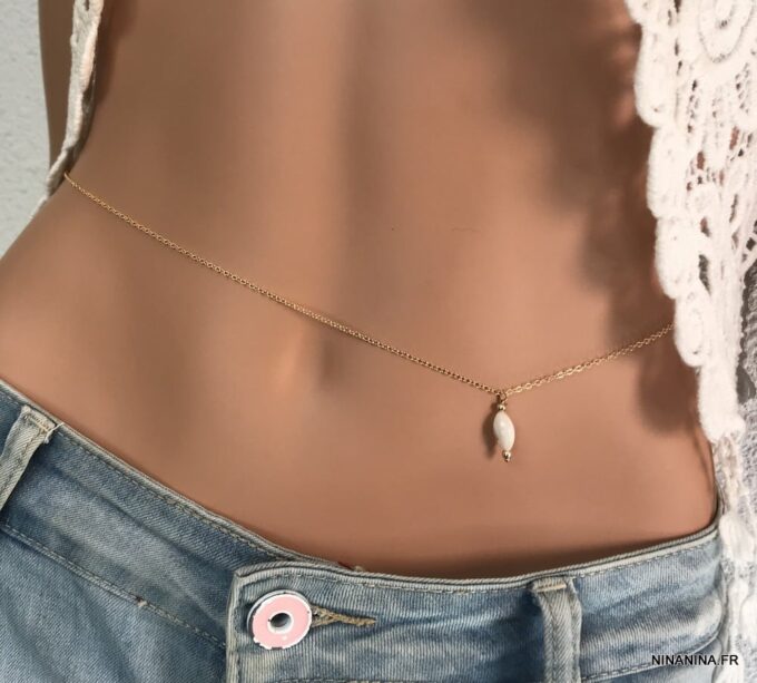 N2554e Chaine de taille Or Plaqué et pendentif goutte nacre - Bijoux de corps en ligne Ninanina