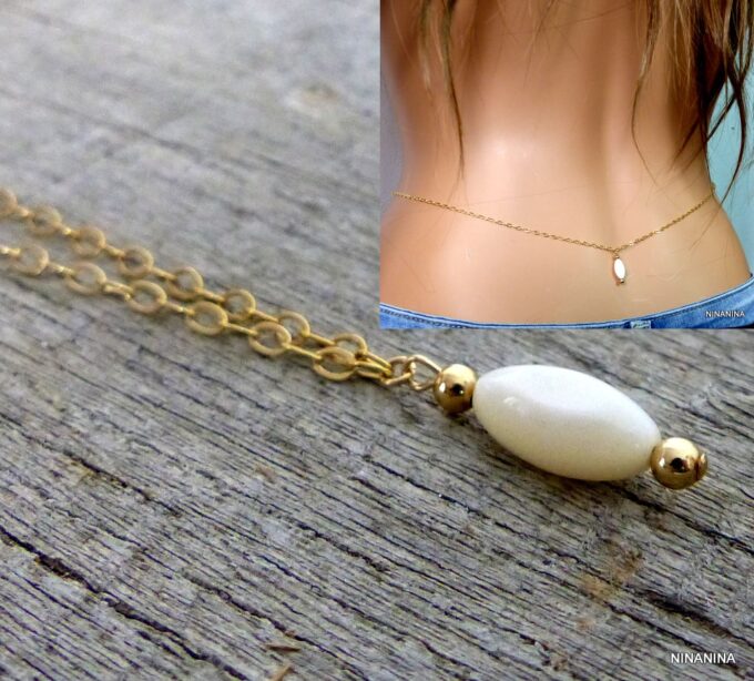 N2554terc Chaine de taille de ventre or plaqué goutte nacre