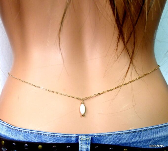 N2554tern Chaine de taille de ventre or plaqué goutte nacre