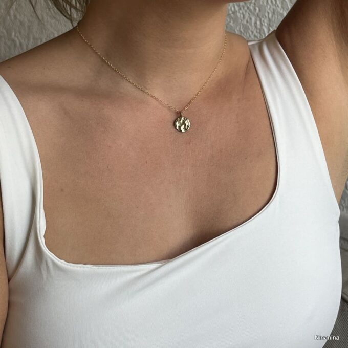 N2560d Collier médaille Or Plaqué Martelé Argent 925 Et Chaine Or Laminé - Bijoux Colliers plaqués or en ligne Ninanina