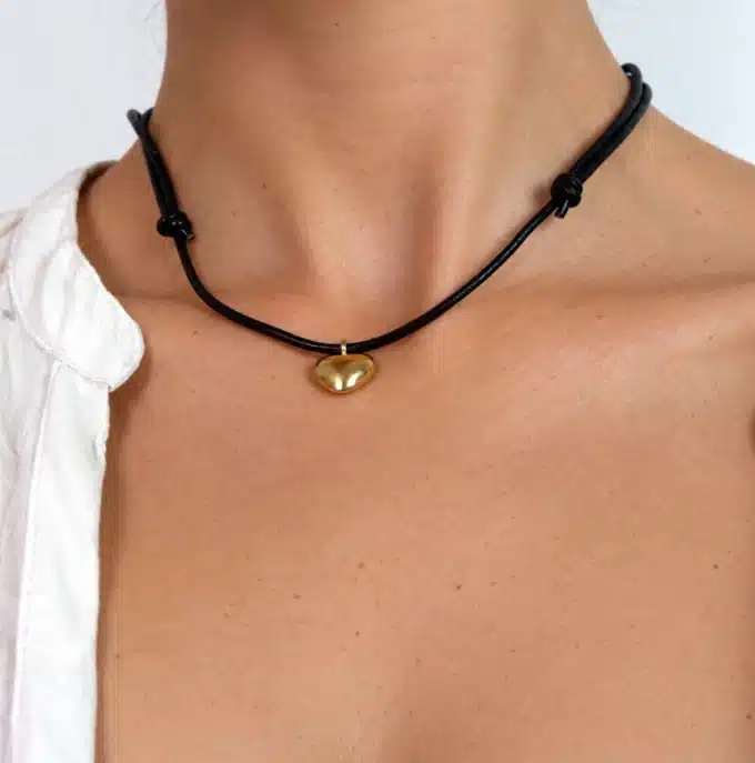 N2563a Collier pendentif coeur Argent 925 massif Plaqué Or cordon cuir - Bijoux colliers femmes en ligne Ninanina