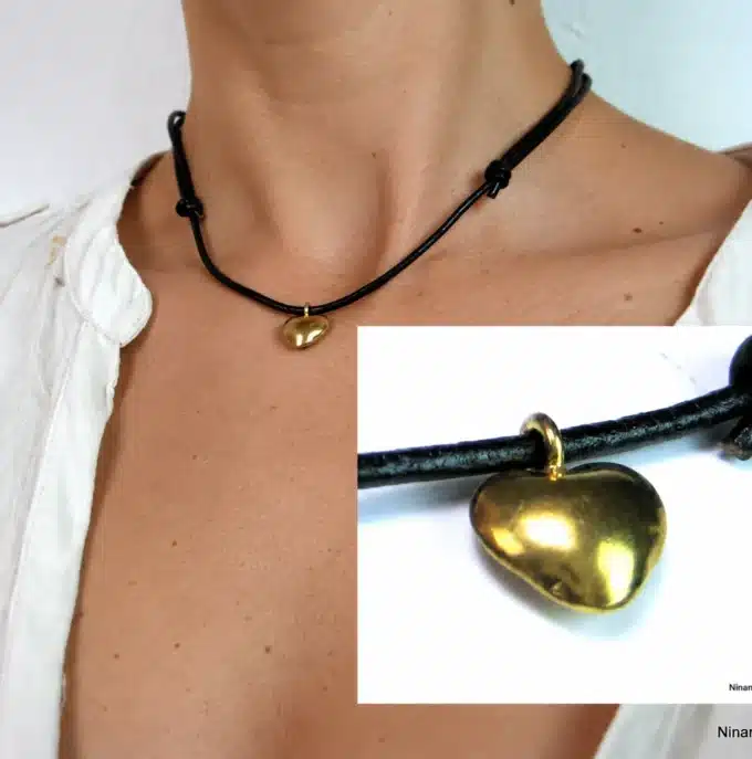 N2563b Collier pendentif coeur Argent 925 massif Plaqué Or cordon cuir - Bijoux colliers femmes en ligne Ninanina