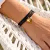 N2567a Bracelet coeur or 24 carats plaqué sur argent femme cordon cuir - Bijoux bracelets femmes en ligne Ninanina
