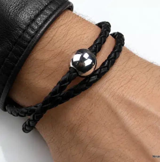 N2572 Bracelet cuir noir tressé homme fermoir boule aimanté - Bijoux bracelets hommes en ligne Ninanina