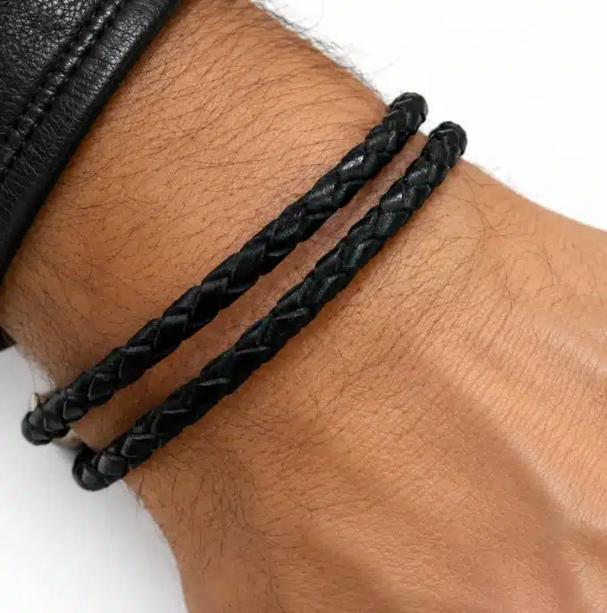 N2572a Bracelet cuir noir tressé homme fermoir boule aimanté - Bijoux bracelets hommes en ligne Ninanina