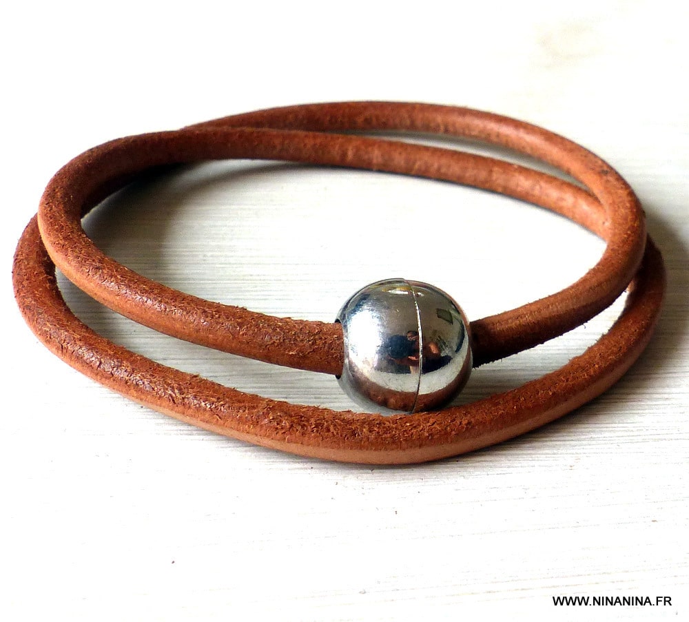 Bracelet homme cuir 2 tours fermoir boule aimanté métal – Image 6