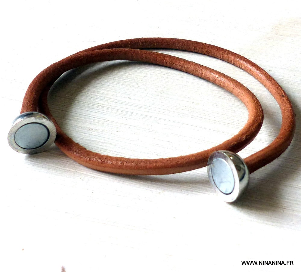 Bracelet homme cuir 2 tours fermoir boule aimanté métal – Image 4