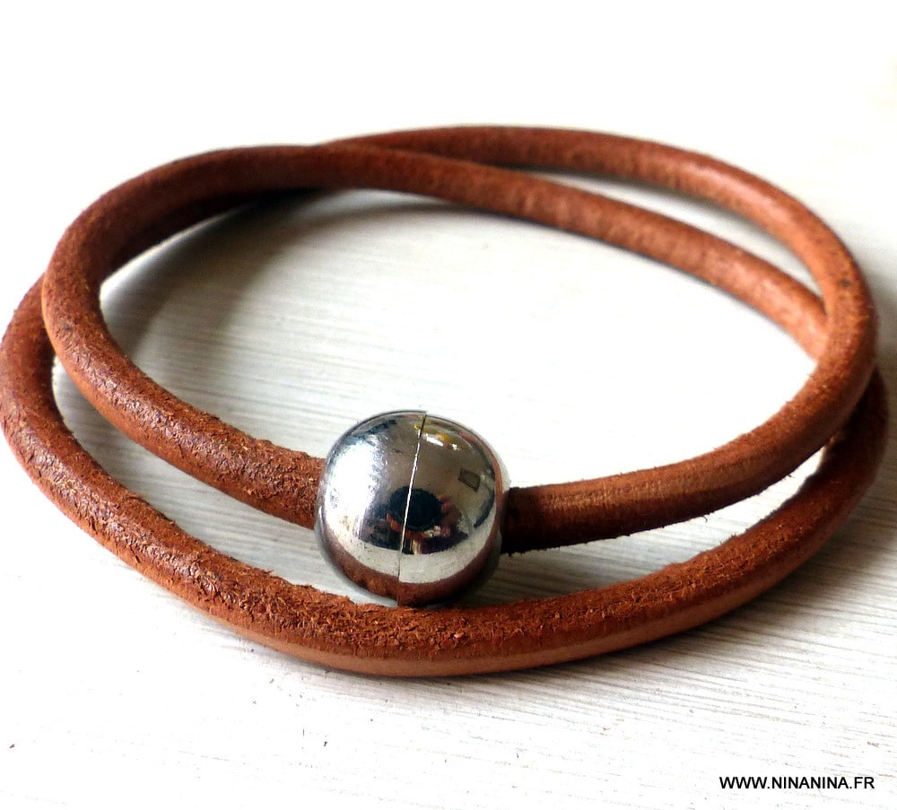Bracelet homme cuir 2 tours fermoir boule aimanté métal – Image 2