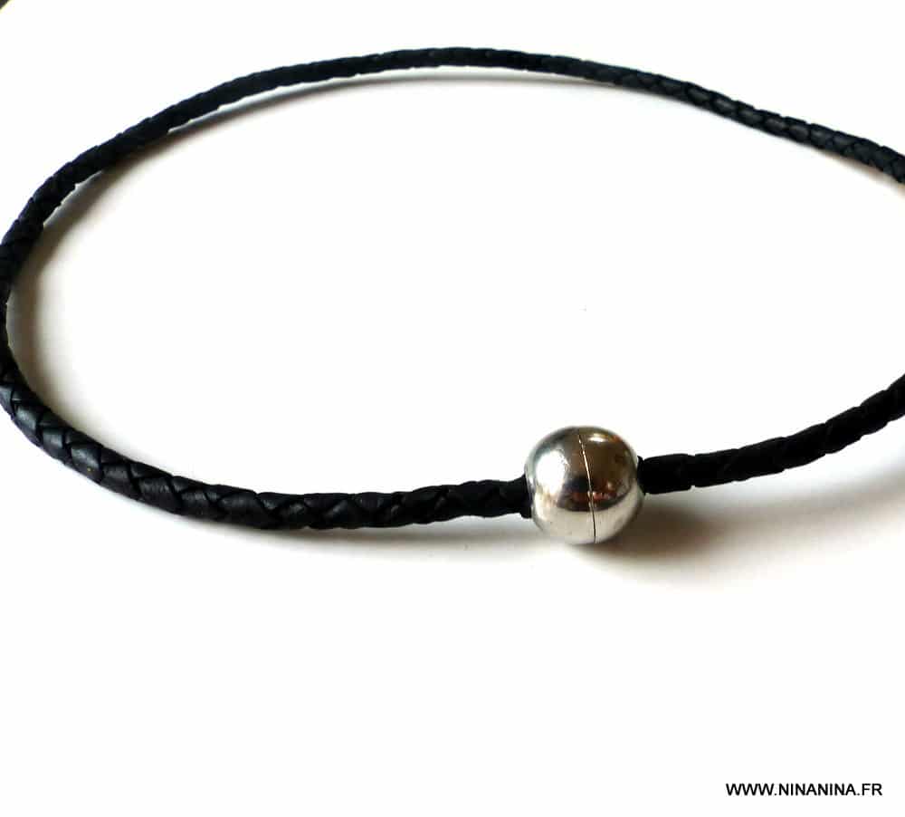 Collier ras de cou homme cuir tressé boule fermoir aimanté – Image 4