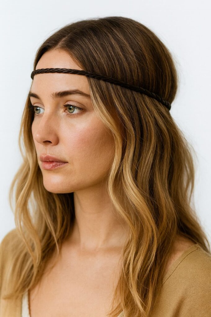 N2582b Headband Cuir Tressé femme minimaliste style boheme chic - Accessoires de coiffures femmes en ligne Ninanina