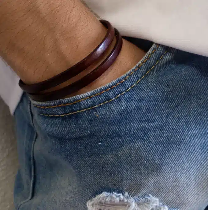 N2589 Bracelet cuir 2 tours homme ou femme fait main en France - Bijoux bracelets artisanaux en ligne Ninanina