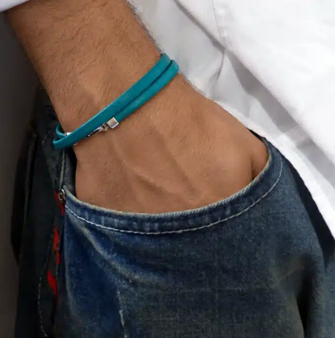 N2589a Bracelet cuir 2 tours homme ou femme fait main en France - Bijoux bracelets artisanaux en ligne Ninanina