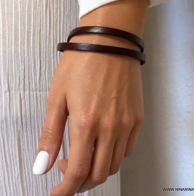 N2589b Bracelet cuir 2 tours homme ou femme fait main en France - Bijoux bracelets artisanaux en ligne Ninanina