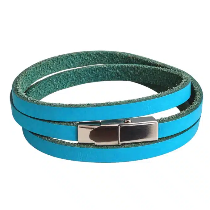 N2590 Bracelet 3 tours cuir turquoise fermoir acier inoxydable argenté - Bijoux bracelets hommes en ligne Ninanina