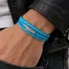 N2590c Bracelet 3 tours cuir turquoise fermoir acier inoxydable argenté - Bijoux bracelets hommes en ligne Ninanina