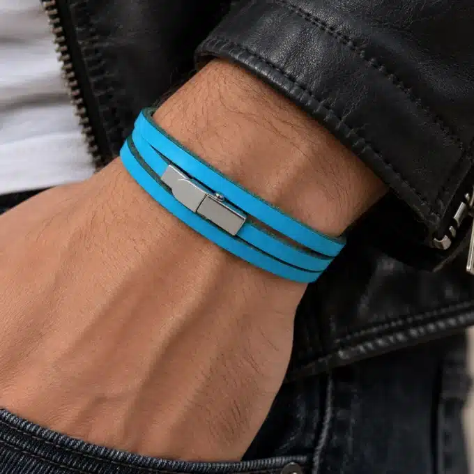 N2590c Bracelet 3 tours cuir turquoise fermoir acier inoxydable argenté - Bijoux bracelets hommes en ligne Ninanina