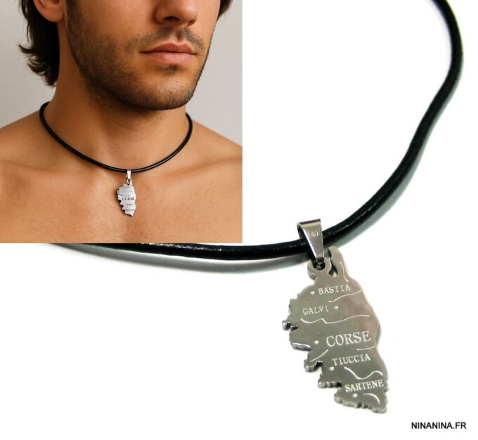 N2593 Collier Corse homme artisanal - pendentif gravé en Acier inoxydable sur cordon cuir noir - Bijoux colliers en ligne Ninanina