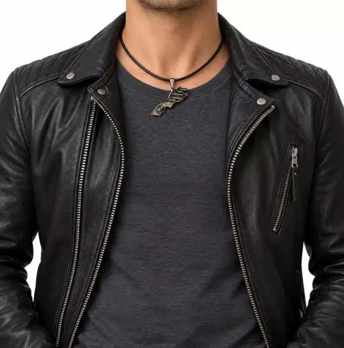 N2629 Collier homme Pendentif Maroc Acier argenté cordon cuir - Bijoux colliers hommes en ligne Ninanina