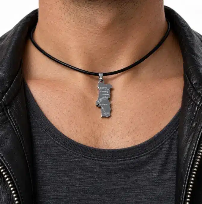 N2632 Collier homme pendentif Portugal Acier Inoxydable cordon cuir - Bijoux colliers hommes en ligne Ninanina