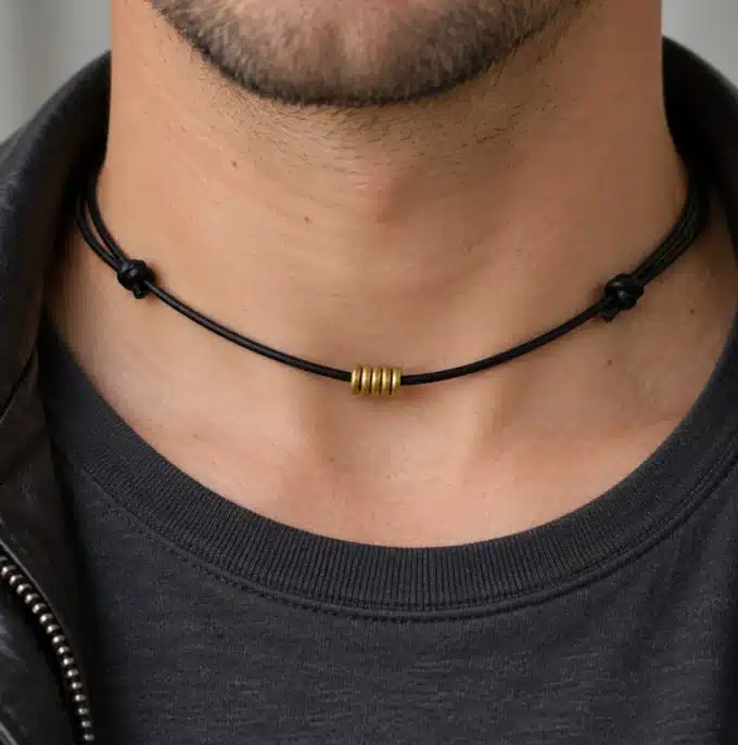 N2657 Collier homme rondelles plaqué or sur Argent 925 cordon cuir - Bijoux colliers hommes en ligne Ninanina