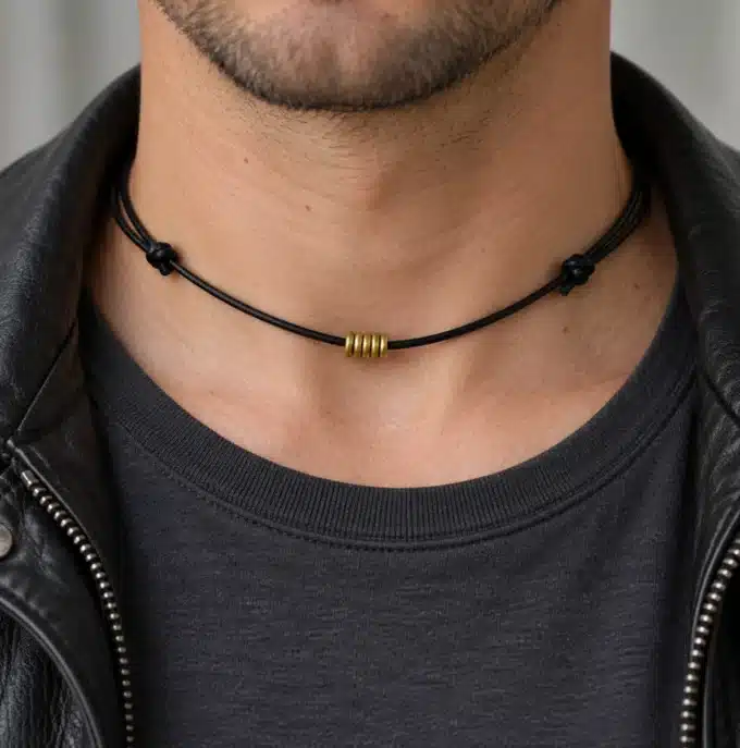 N2657a Collier homme rondelles plaqué or sur Argent 925 cordon cuir - Bijoux colliers hommes en ligne Ninanina