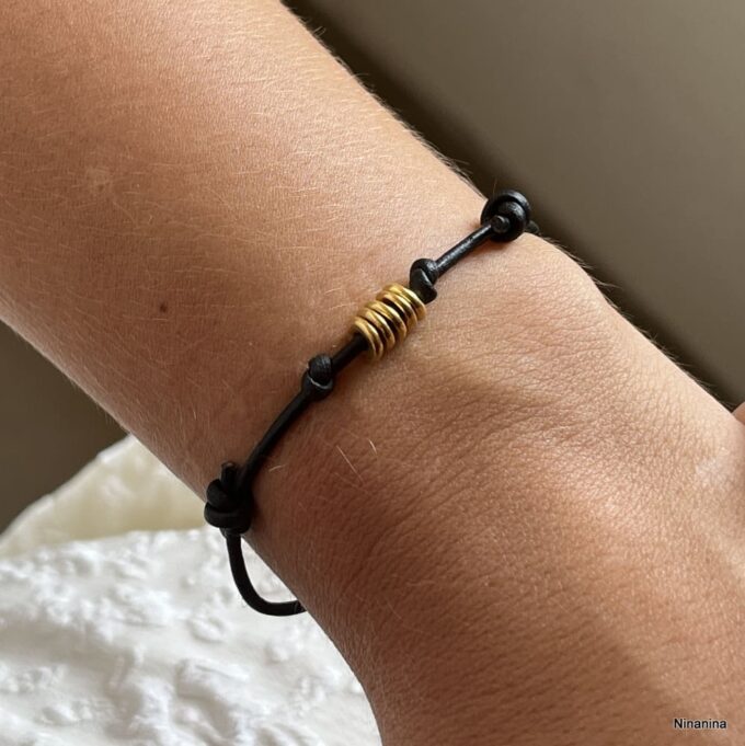 N2658 Bracelet cuir et or femme ou homme sur Argent 925 coulissant - Bijoux Bracelets cordon en ligne Ninanina