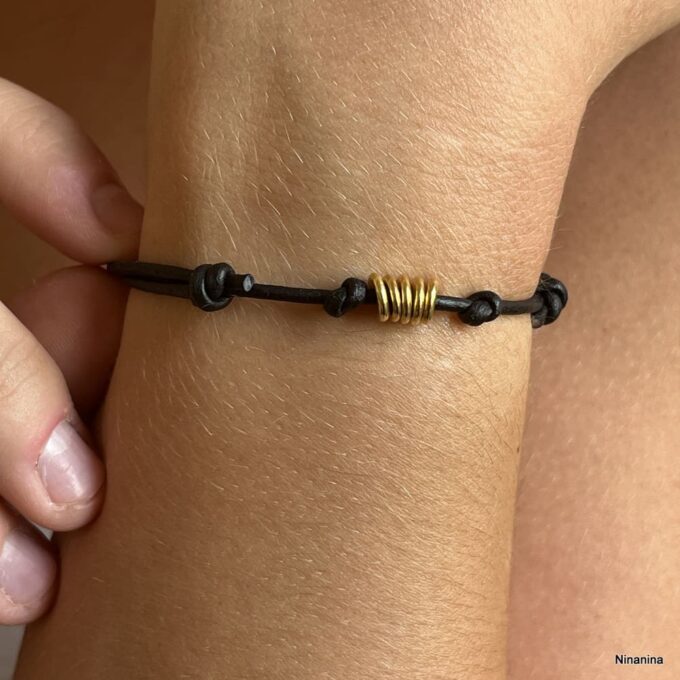 N2658a Bracelet cuir et or femme ou homme sur Argent 925 coulissant - Bijoux Bracelets cordon en ligne Ninanina