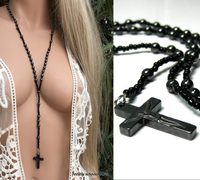 N2667d Chapelet collier femme ou homme perles hematite noires - Bijoux Colliers en ligne Ninanina