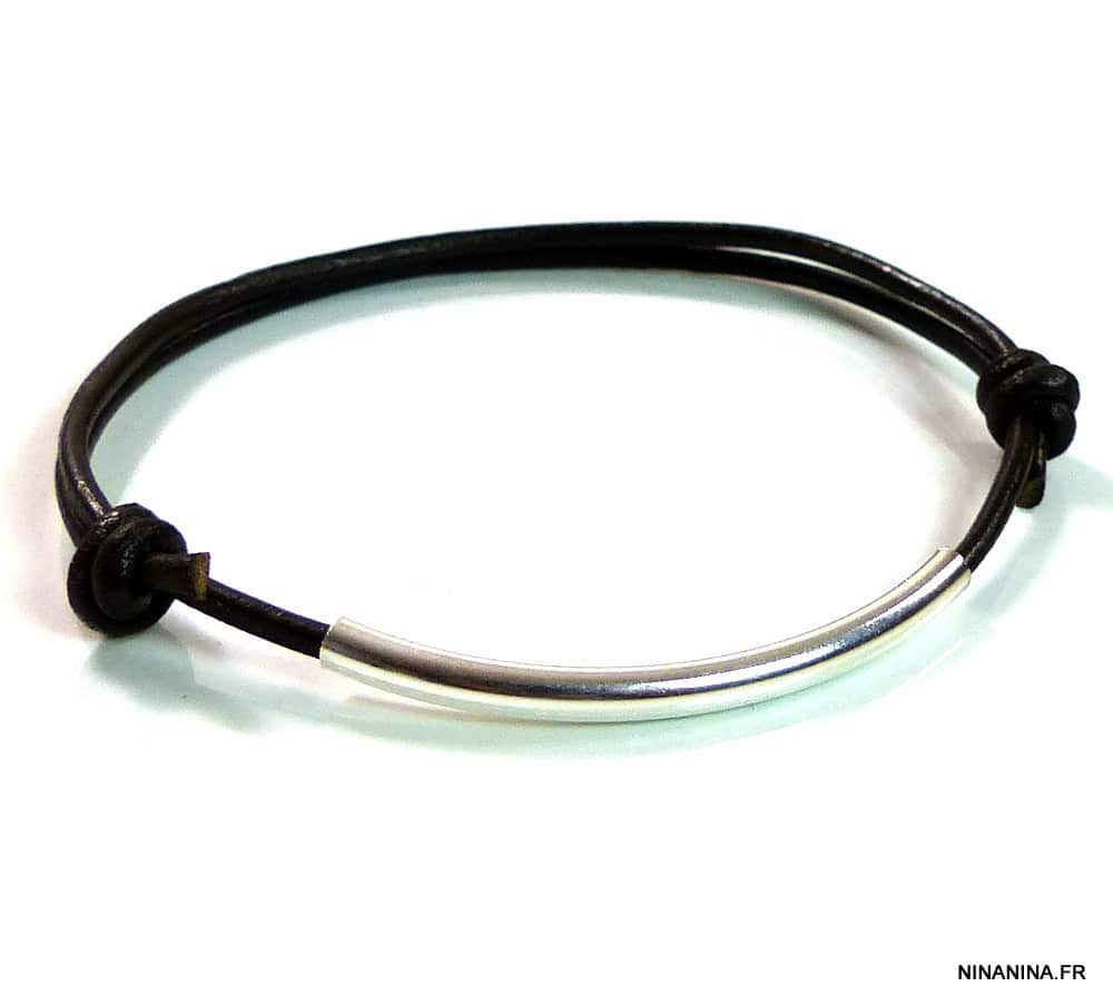 Bracelet perle tube Argent courbe sur cordon cuir naturel – Image 6
