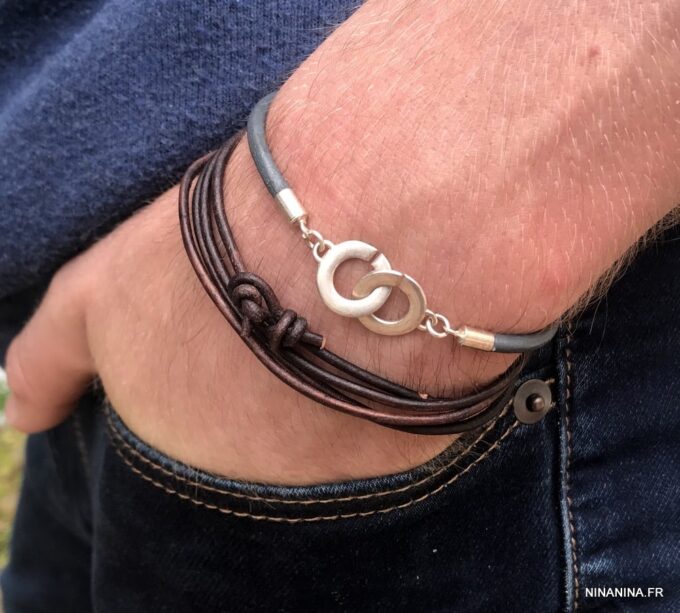 N2683X Bracelet plusieurs tours cordon cuir naturel réglable - Bijoux Bracelets en ligne Ninanina